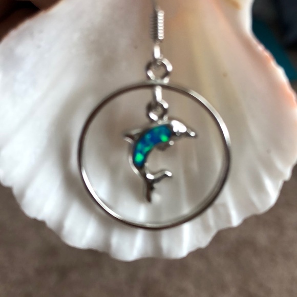 Sterling Silver Dolphin Earrings with Lab Opal - Picture 4 of 4